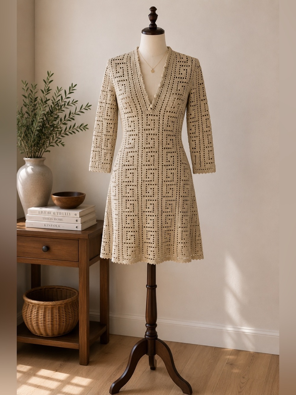 Vintage Handmade Crochet Boho Mini Dress Beige Open Knit Button Front Size S